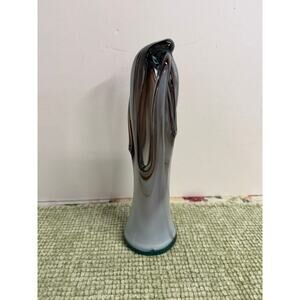Hand Blown Art Glass Vase Smoky Blue Brown Swirl Studio Glass 8 Inch